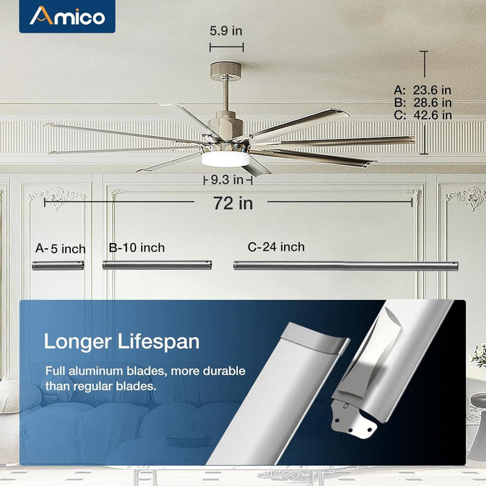 72 in. Indoor Outdoor Ceiling Fan with Remote Control, 8 Reversible Blades Industrial Bedroom Ceiling Fans, Dimmable Outdoor Fan for Patio-8-ErisView