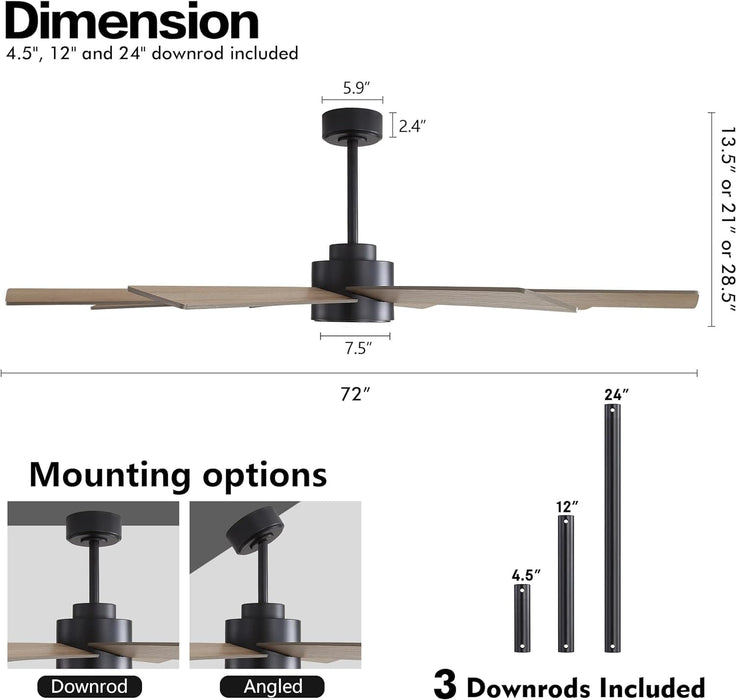 72 in. Large Ceiling Fans without Lights , Reversible Indoor Ceiling Fan NO Light for Bedroom Living Room, Black Outdoor Ceiling Fan for Patio-4-ErisView