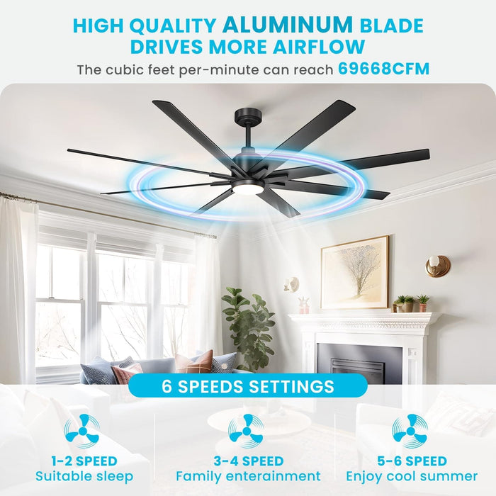72 in. Large Outdoor Ceiling Fans with Light and Remote Control, Outdoor Black Modern Ceiling Fan for Patio, Designer Fans-2-ErisView