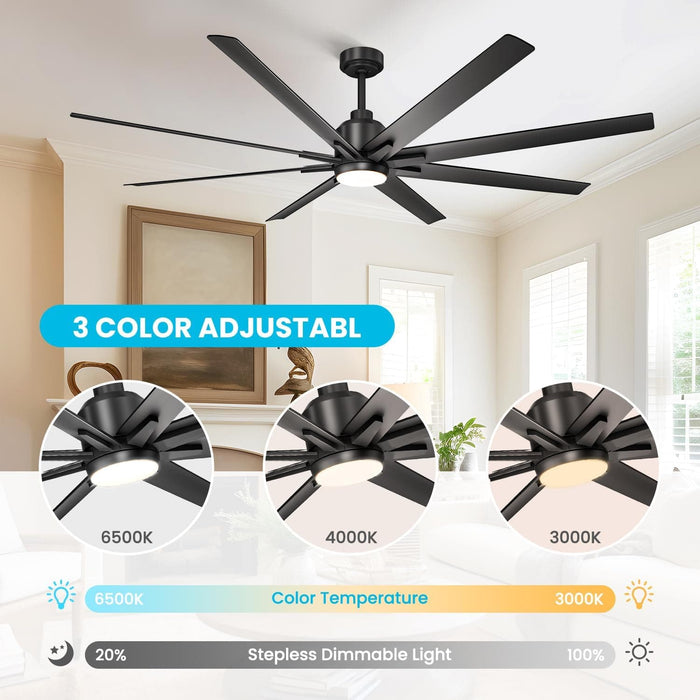 72 in. Large Outdoor Ceiling Fans with Light and Remote Control, Outdoor Black Modern Ceiling Fan for Patio, Designer Fans-4-ErisView