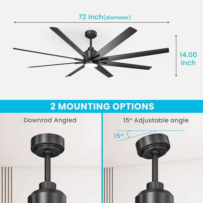 72 in. Large Outdoor Ceiling Fans with Light and Remote Control, Outdoor Black Modern Ceiling Fan for Patio, Designer Fans-7-ErisView