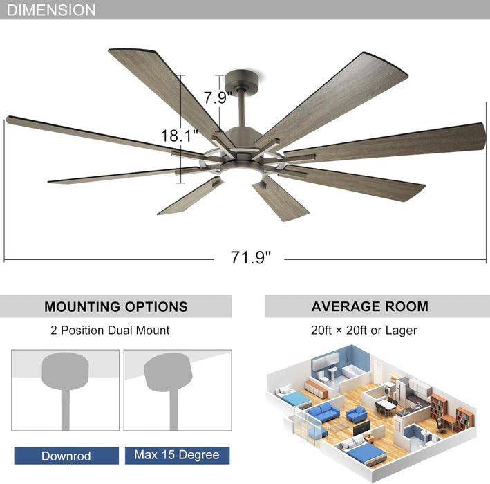 72 in. Large Outdoor Ceiling Fans with Lights and Remote, Black Large Modern Ceiling Fan, Silent Ceiling Fan for Living Room Bedroom Patio Hall Office-13-ErisView