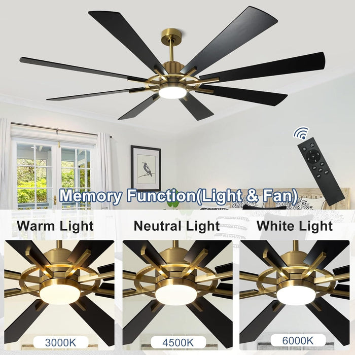 72 in. Large Outdoor Ceiling Fans with Lights and Remote, Black Large Modern Ceiling Fan, Silent Ceiling Fan for Living Room Bedroom Patio Hall Office-21-ErisView