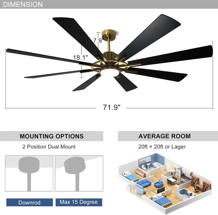 72 in. Large Outdoor Ceiling Fans with Lights and Remote, Black Large Modern Ceiling Fan, Silent Ceiling Fan for Living Room Bedroom Patio Hall Office-22-ErisView