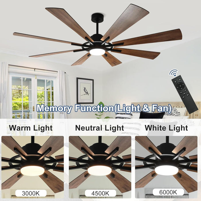 72 in. Large Outdoor Ceiling Fans with Lights and Remote, Black Large Modern Ceiling Fan, Silent Ceiling Fan for Living Room Bedroom Patio Hall Office-3-ErisView