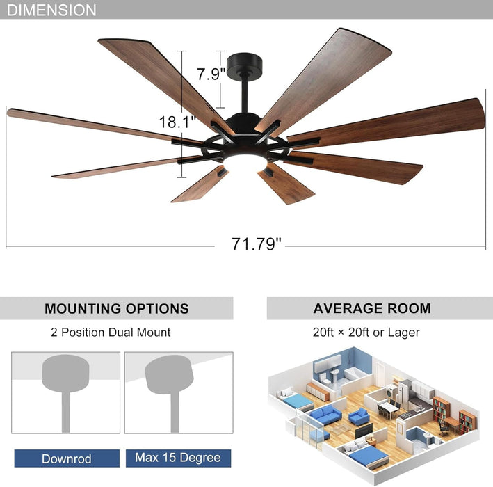 72 in. Large Outdoor Ceiling Fans with Lights and Remote, Black Large Modern Ceiling Fan, Silent Ceiling Fan for Living Room Bedroom Patio Hall Office-4-ErisView