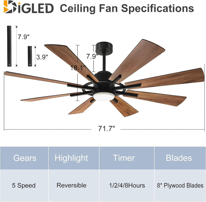 72 in. Large Remote Control Ceiling Fan and Light, Farmhouse Reversible Ceiling Fan for Living Room, Outdoor Fan for Patio, Black Outdoor Ceiling Fan-16-ErisView