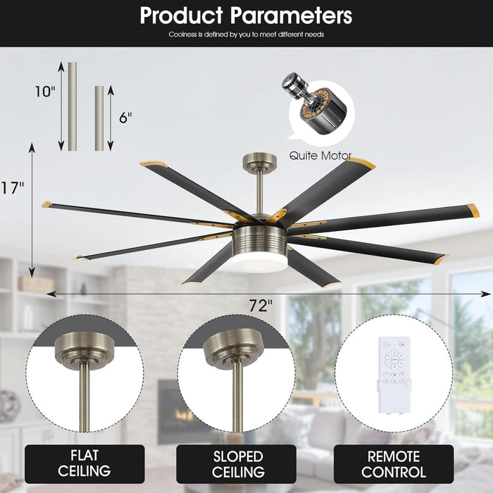 72 in. Large Remote Control Ceiling Fan and Light, Indoor Outdoor Industrial Ceiling Fans for Living Room Bedroom Patio Garage Porch-9-ErisView