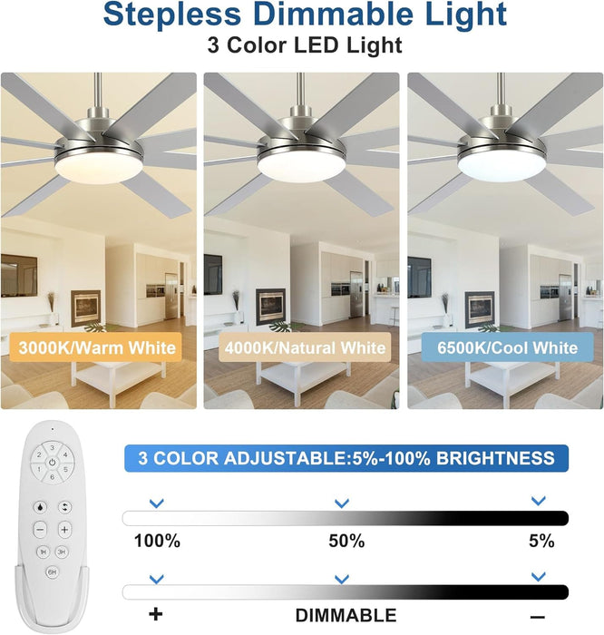 72 in. Large Remote Control Ceiling Fan and Light, Quiet Brushed Nickel Ceiling Fan for Bedroom Living Room, Outdoor Reversible Ceiling Fan for Patio-3-ErisView