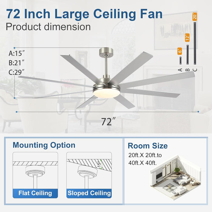 72 in. Large Remote Control Ceiling Fan and Light, Quiet Brushed Nickel Ceiling Fan for Bedroom Living Room, Outdoor Reversible Ceiling Fan for Patio-8-ErisView