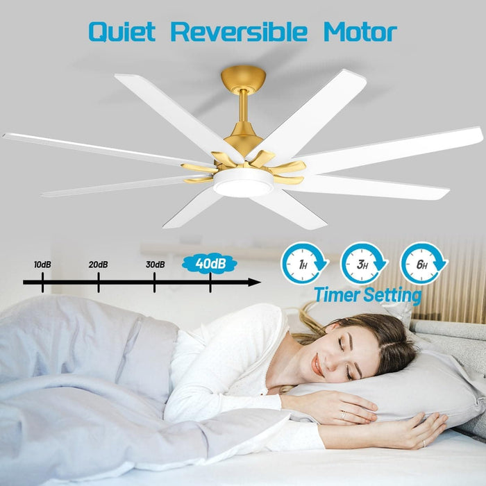 72 in. White and Gold Large Industrial Ceiling Fans with Light, Reversible Dimmable LED Modern Ceiling Fan for Indoor Kitchen Bedroom and Outdoor Patio-2-ErisView