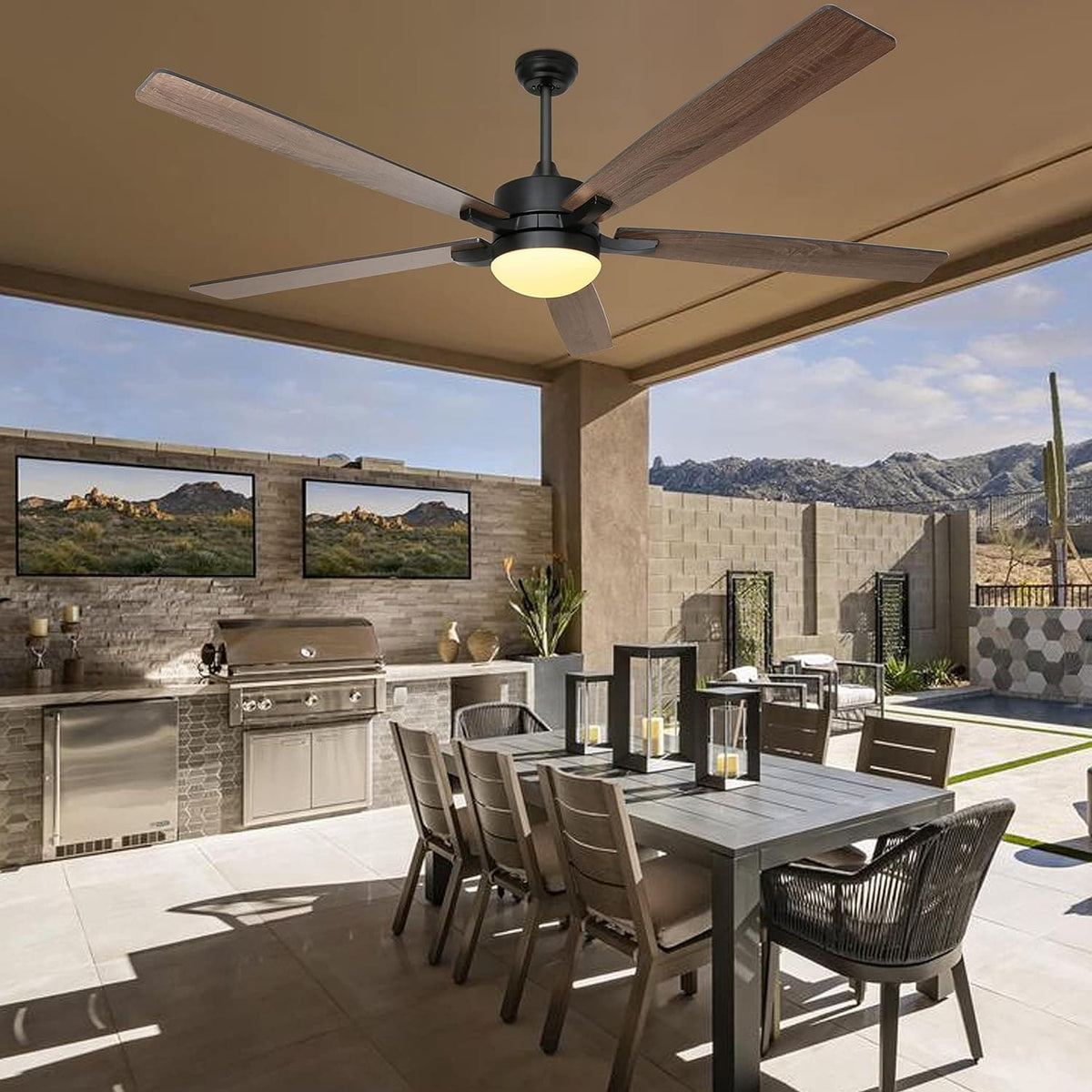 76 in. Black Big Remote Control Ceiling Fan and Light, Indoor Outdoor ...