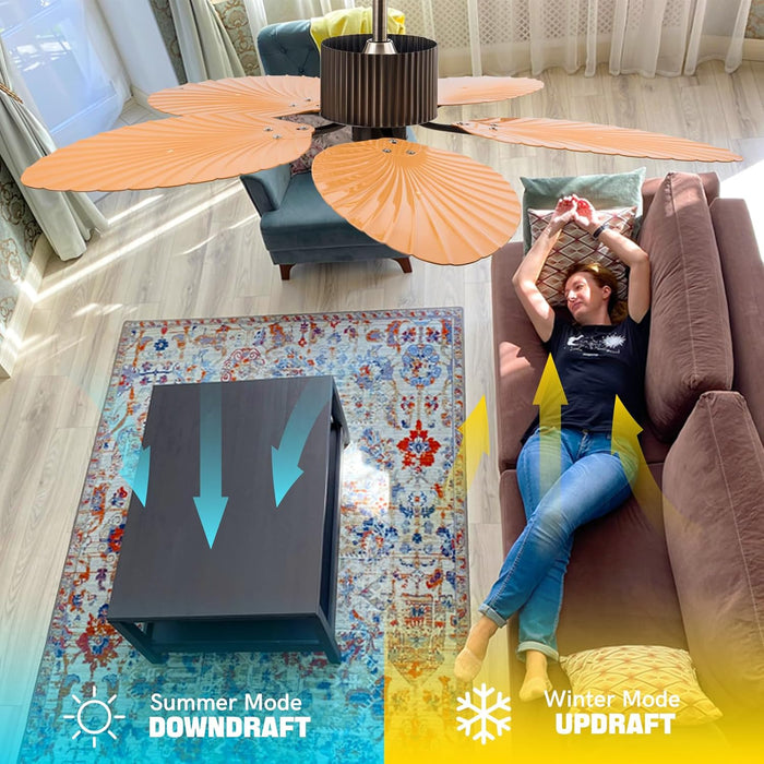 52 in. Indoor Outdoor Ceiling Fan Without Lights, Tropical Coffee Finish Palm Leaf Blades Remote Control, Reversible Quiet Motor, for Patio, Porch, Living Room Low Profile Ceiling Fan
