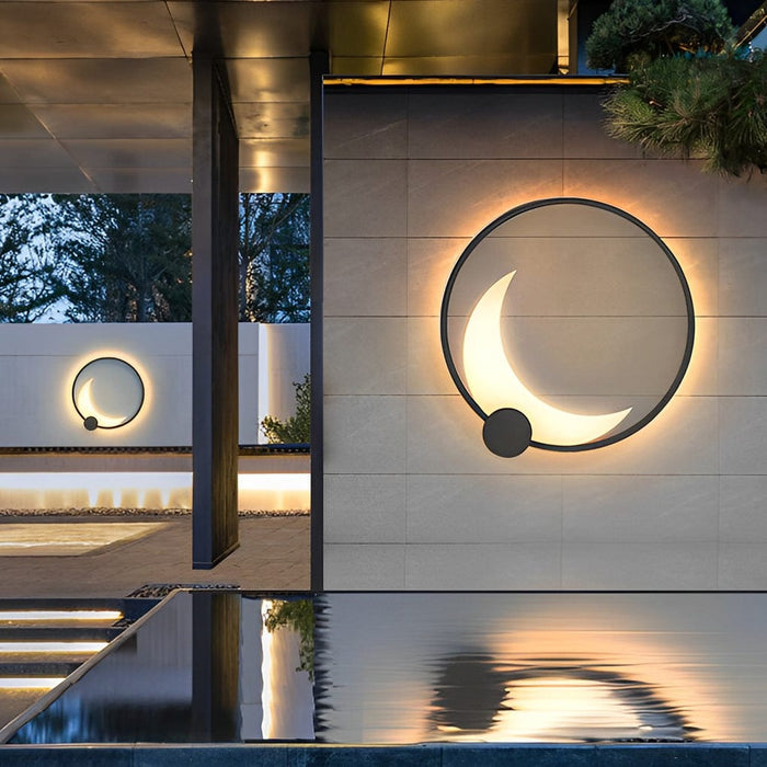 Round Moon Waterproof Black LED Wall Sconce Lighting Outdoor Wall Lamp