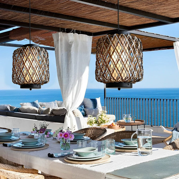 Lantern Shape Rattan Iron Waterproof Modern Outdoor Chandelier Pendant Lights