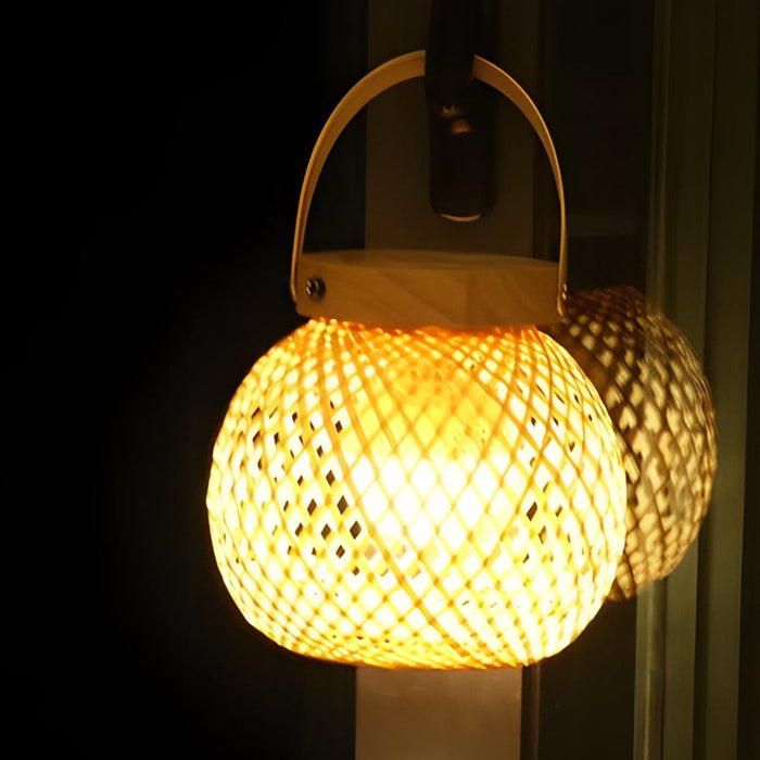 Portable Woven Shade Desk Lantern with Handle. Bamboo Table Lamp with Lid