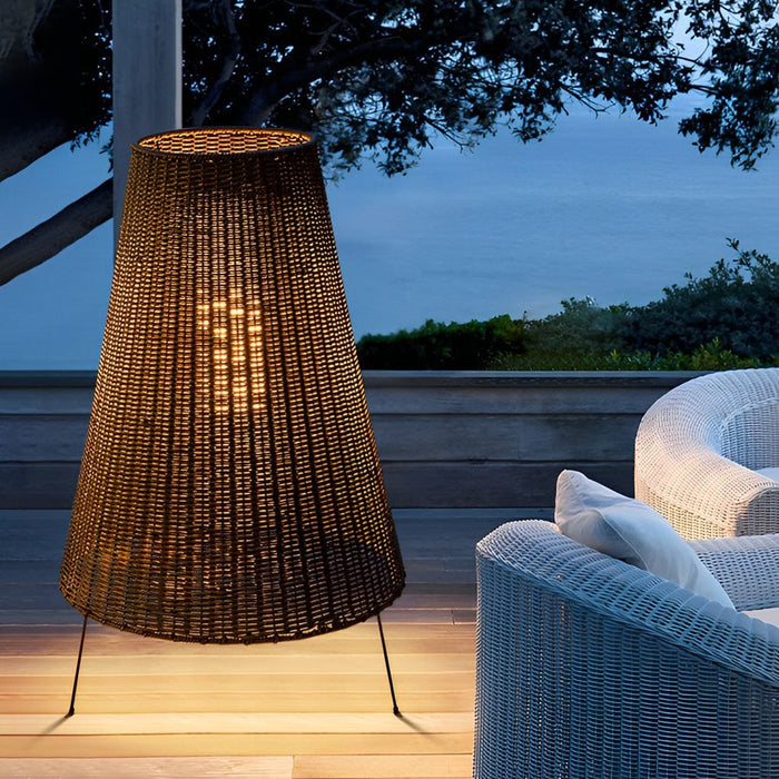 37'' Rustic Tripod Hand Woven Rattan Floor Lamp Outdoor Waterproof Three-leg Standing Lamp