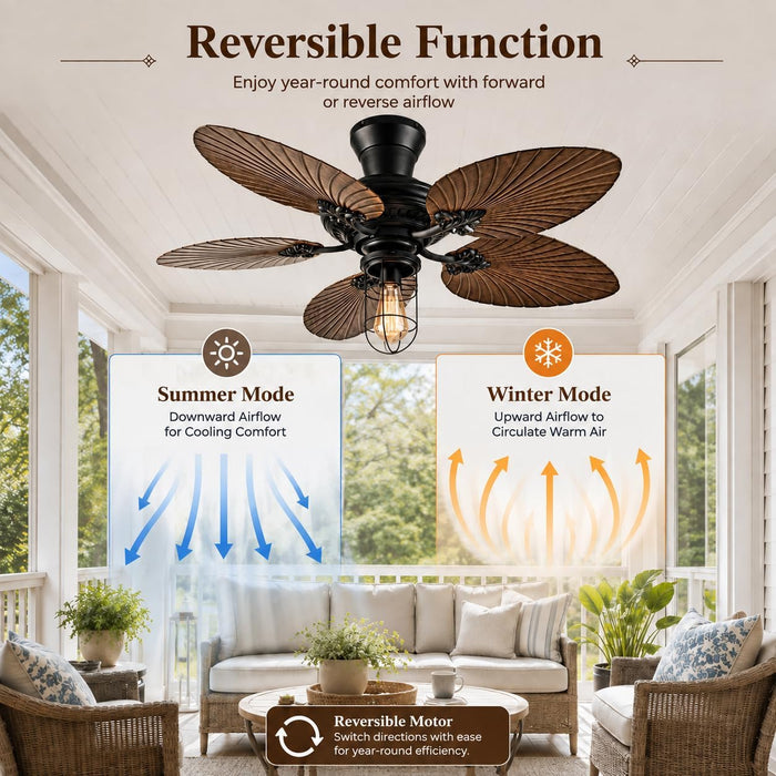 52 in. Outdoor Flush Mount Palm Leaf Ceiling Fans with Lights and Remote