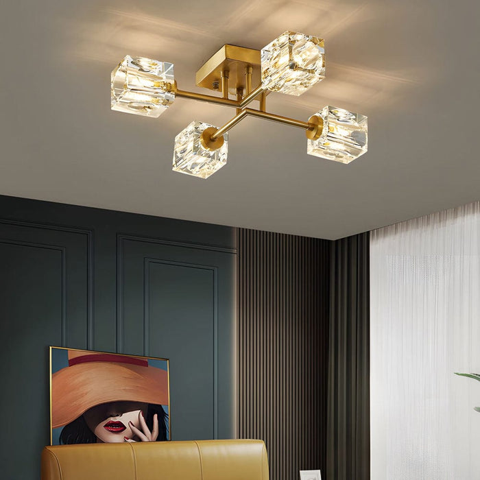Modern Copper Crystal Cube Semi-Flush Mount Light Fixture. 4/6/8-Light