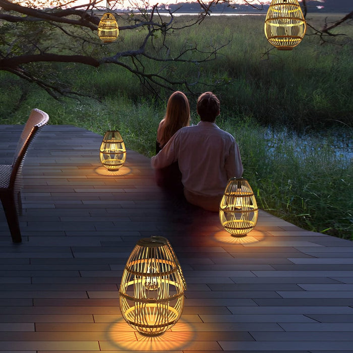 Portable Rattan Wood LED Waterproof Modern Solar Garden Lights Lawn Lamp