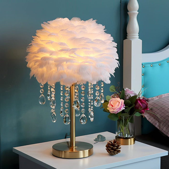 Fluffy Goose Feather Table Lamp With Crystal Tassels Nordic Bedside Lighting