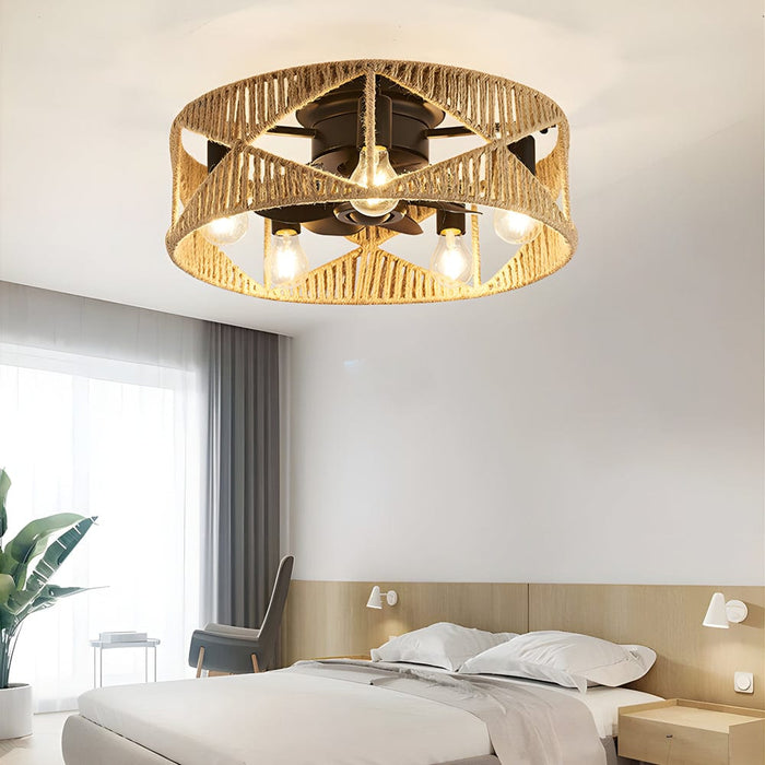 20-in Hemp Rope-Woven Caged Ceiling Fan with Light and Remote. 6-Speed