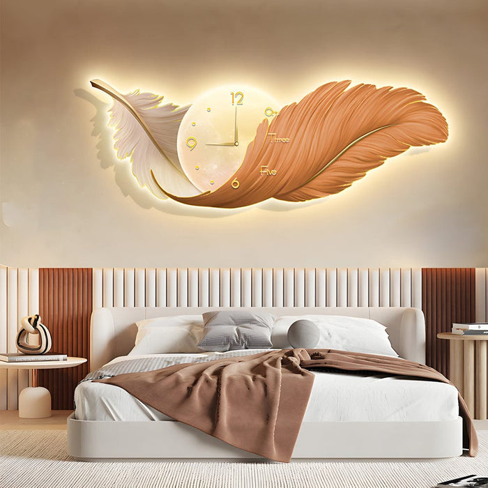 Feathers Decorative Painting with Clock USB Modern LED Wall Lamp Remote Control