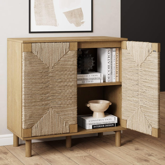 Nathan James Beacon Accent Natural Sideboard Storage Cabinet in Light Wood with Adjustable Interior Shelf and Seagrass Doors, for Hallway, Entryway or Dining Room, Light Brown