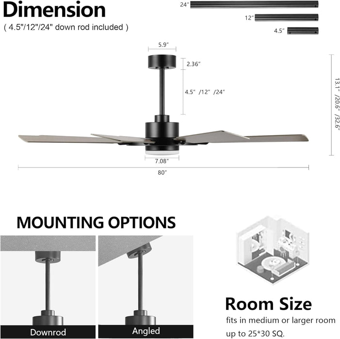 80 in. Black Huge Ceiling Fan with Lights and Remote, Wood 8 Blades Reversible Silent Ceiling Fan, Modern Large Ceiling Fan for Bedroom Dining Living Room-22-ErisView