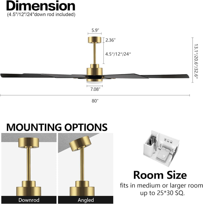 80 in. Black Huge Ceiling Fan with Lights and Remote, Wood 8 Blades Reversible Silent Ceiling Fan, Modern Large Ceiling Fan for Bedroom Dining Living Room-31-ErisView