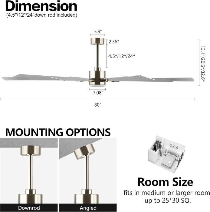 80 in. Black Huge Ceiling Fan with Lights and Remote, Wood 8 Blades Reversible Silent Ceiling Fan, Modern Large Ceiling Fan for Bedroom Dining Living Room-40-ErisView