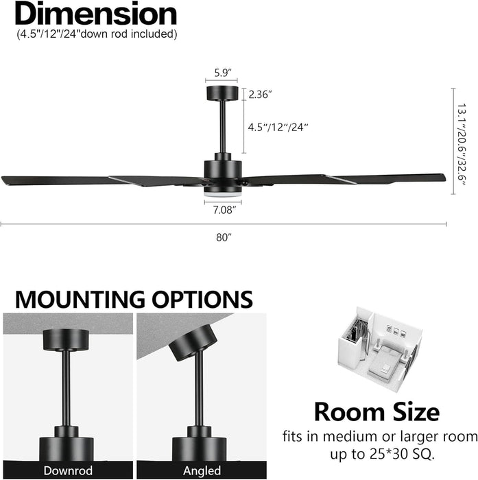 80 in. Black Huge Ceiling Fan with Lights and Remote, Wood 8 Blades Reversible Silent Ceiling Fan, Modern Large Ceiling Fan for Bedroom Dining Living Room-4-ErisView