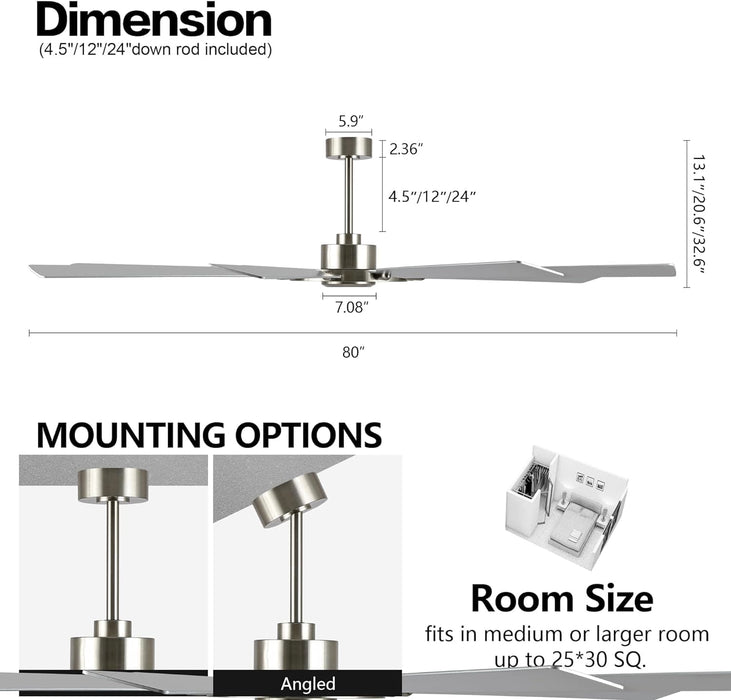 80 in. Huge Ceiling Fans without Lights , Gold Finish Wood Blades Reversible Ceiling Fan, Modern Large Remote Control for Bedroom Dining Living Room-20-ErisView