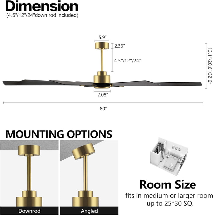 80 in. Huge Ceiling Fans without Lights , Gold Finish Wood Blades Reversible Ceiling Fan, Modern Large Remote Control for Bedroom Dining Living Room-3-ErisView