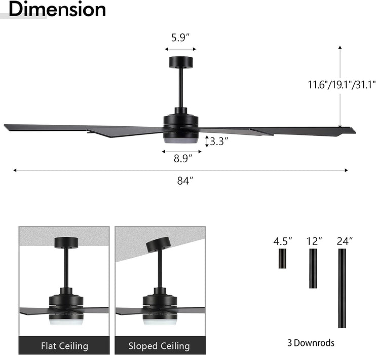 84 in. Black Huge Ceiling Fan with Light, Reversible Fan for Summer Winter, Modern Ceiling Fan for Living Room Restaurant Home Commercial-2-ErisView