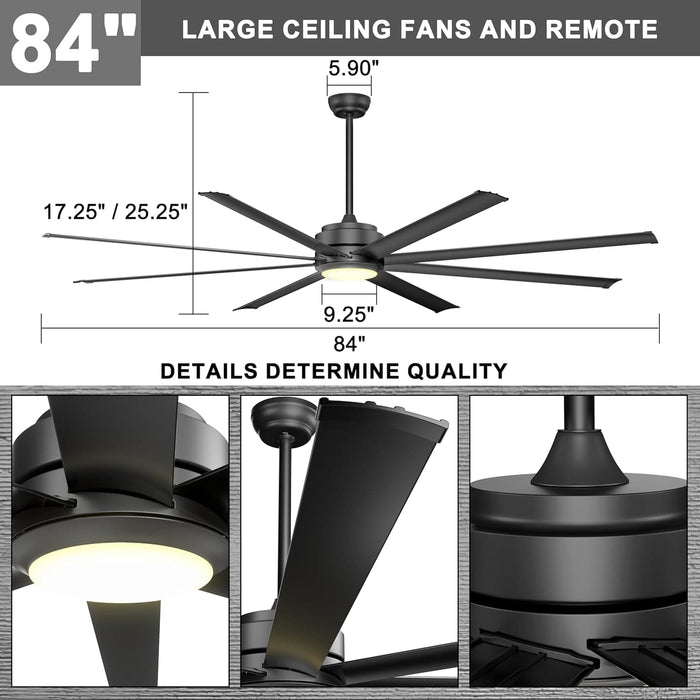 84 in. Huge Ceiling Fan, Black Industrial Remote Control Ceiling Fan and Light, Quiet Small Ceiling Fan for Living Room Bedroom Shop Garage Patio-6-ErisView