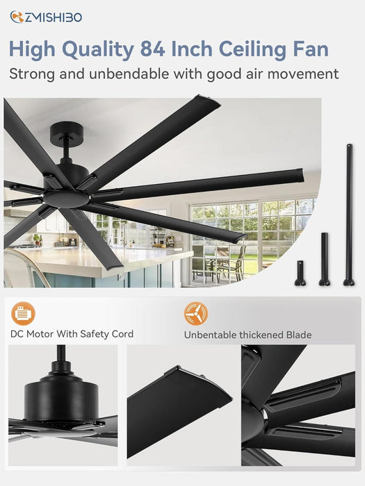 84 in. Huge Ceiling Fan, Industrial Reversible DC Ceiling Fan with Remote Control, Black Commercial Ceiling Fans for Porch Garage Shop-2-ErisView