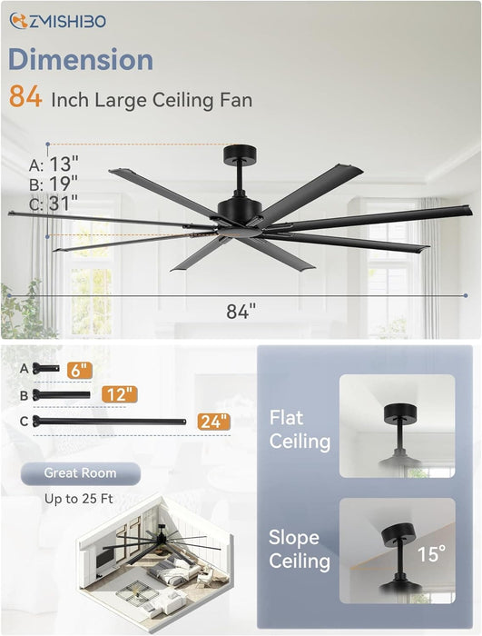 84 in. Huge Ceiling Fan, Industrial Reversible DC Ceiling Fan with Remote Control, Black Commercial Ceiling Fans for Porch Garage Shop-6-ErisView