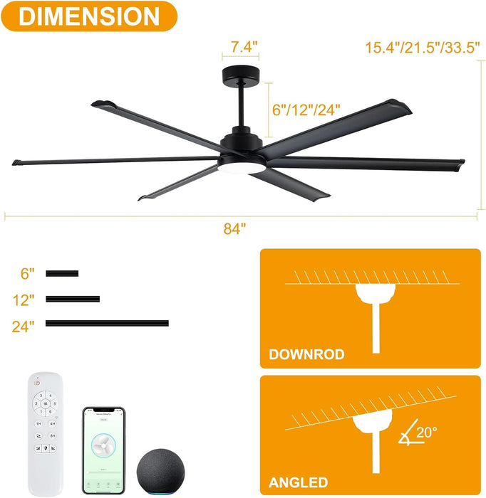 84 in. Huge Ceiling Fan, Smart Industrial Remote Ceiling Fan with Light, Big Outdoor Ceiling Fans for Patio, Indoor Black Ceiling Fan for Living Rooms-6-ErisView