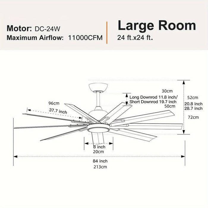 84 in. Super Large Indoor Black Ceiling Fan with LED Light and Remote Control for Living Room, Outdoor Ceiling Fan for Porch-ErisView