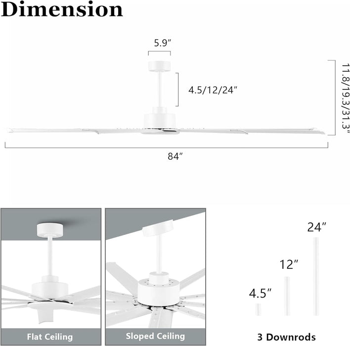 84 in. White Huge Ceiling Fan NO Light with Remote Control, Industrial Commercial Ceiling Fan with Aluminum Blades, Living Room Warehouse Ceiling Fans-3-ErisView