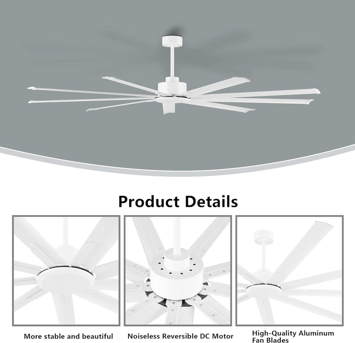 84 in. White Huge Ceiling Fan NO Light with Remote Control, Industrial Commercial Ceiling Fan with Aluminum Blades, Living Room Warehouse Ceiling Fans-5-ErisView
