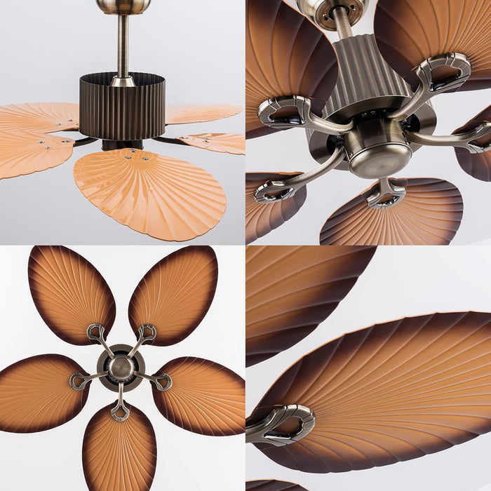 52 in. Indoor Outdoor Ceiling Fan Without Lights, Tropical Coffee Finish Palm Leaf Blades Remote Control, Reversible Quiet Motor, for Patio, Porch, Living Room Low Profile Ceiling Fan