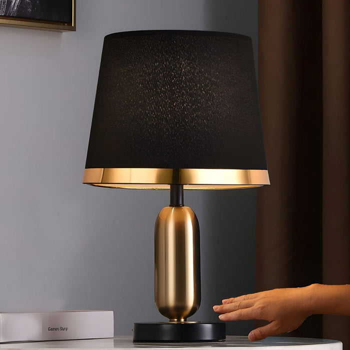 Vintage Button Switch Table Lamp with White/Black Fabric Shade
