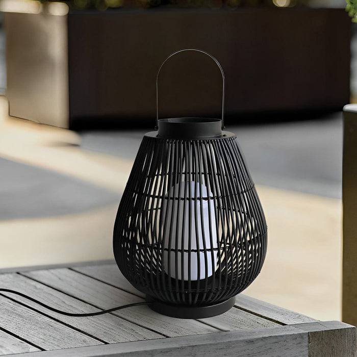 Round Handwoven Waterproof LED Black Modern Rattan Outdoor Lanterns