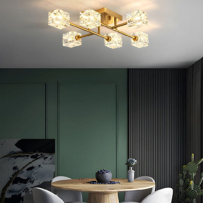 Modern Copper Crystal Cube Semi-Flush Mount Light Fixture. 4/6/8-Light