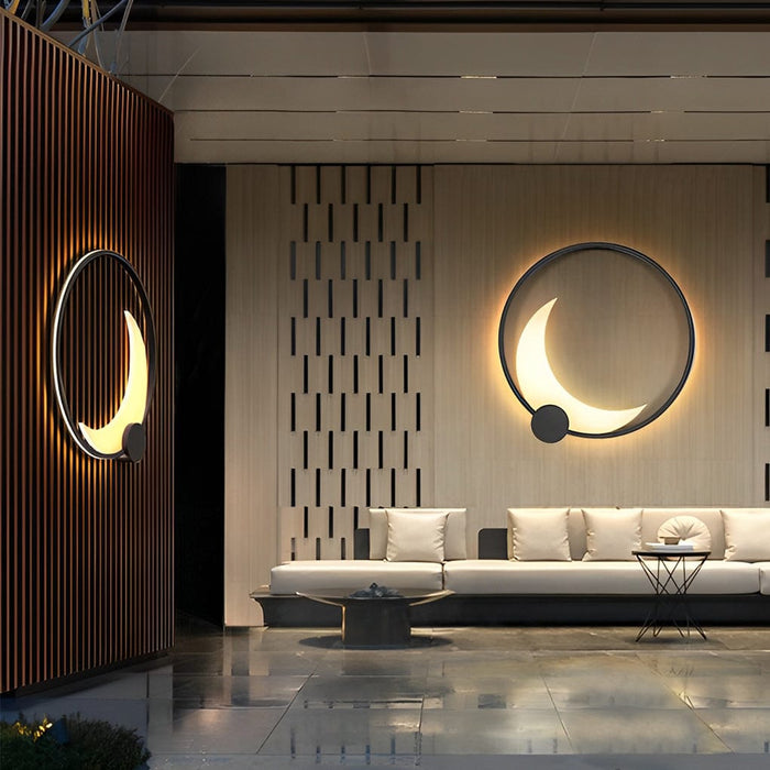Round Moon Waterproof Black LED Wall Sconce Lighting Outdoor Wall Lamp