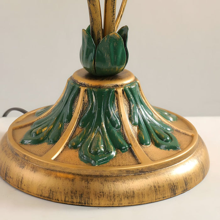 2 Lights Dimmable Glass Flowers Floral Table Lamp with Green Leaves