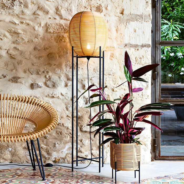Rustic Handwoven Rattan Sari Floor Lamp with Egg Shaped Shade Standing Lamp