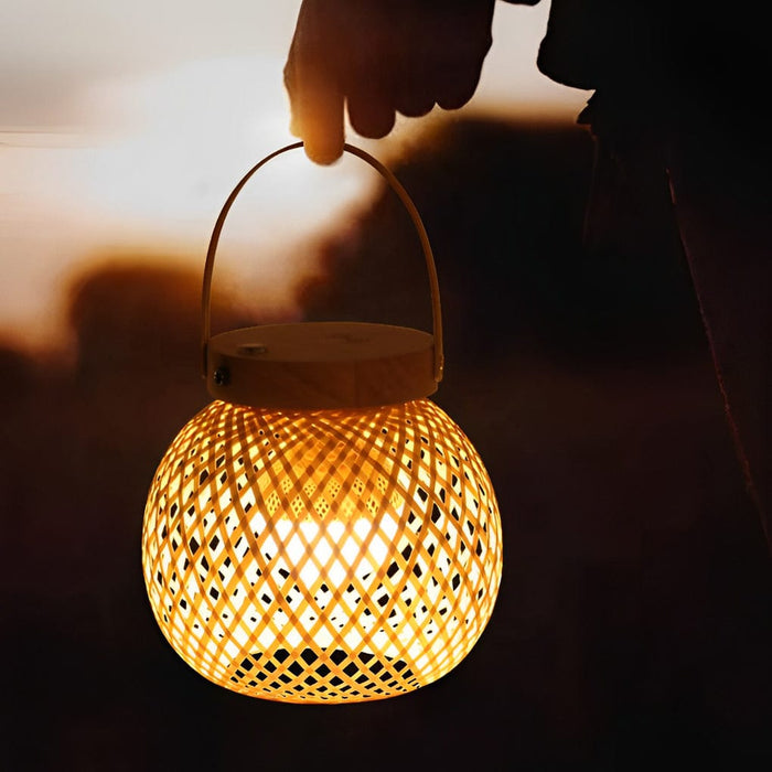 Portable Woven Shade Desk Lantern with Handle. Bamboo Table Lamp with Lid